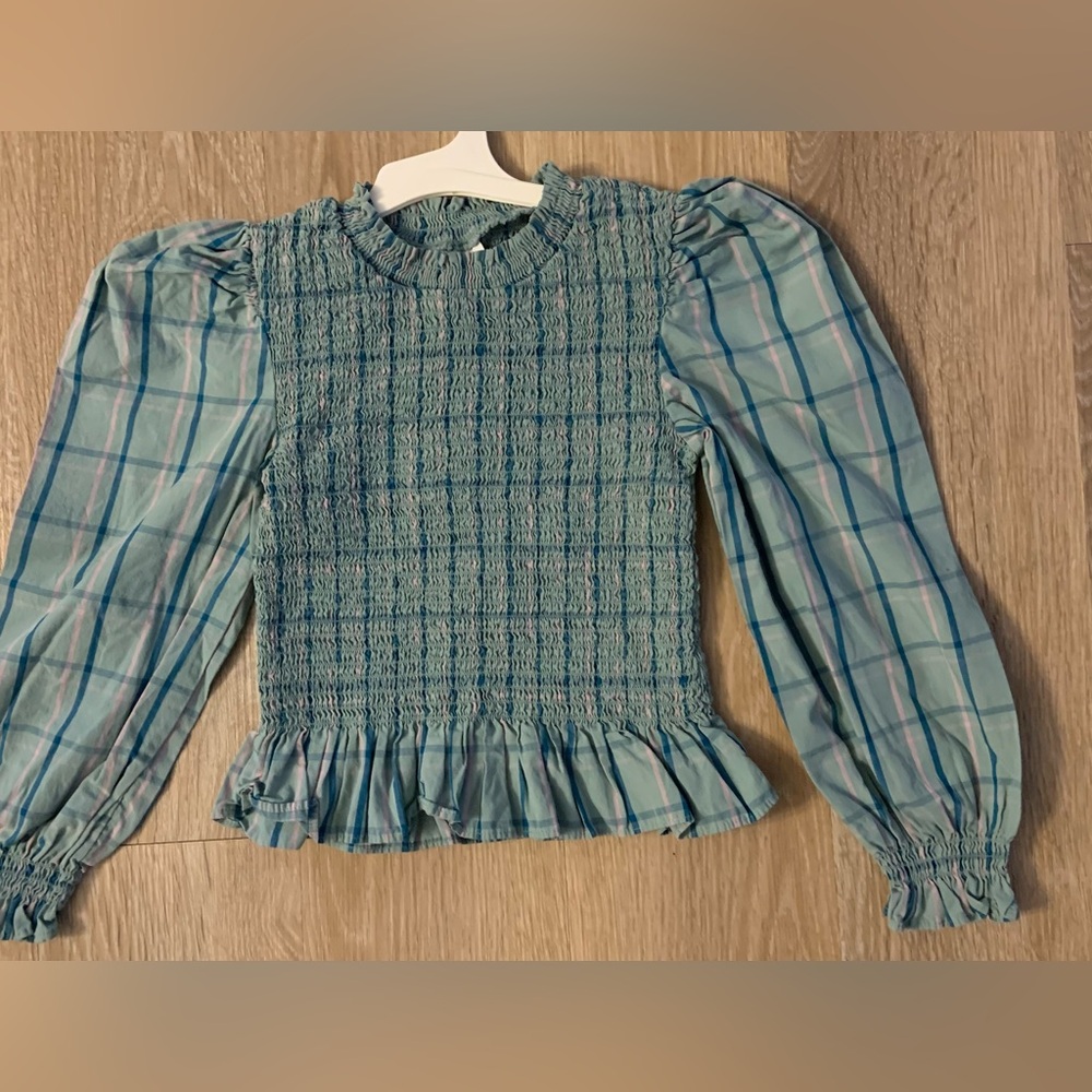 Wonder Nation Girl's Size 4-5 Teal Green Plaid Long Sleeve Cotton Top
